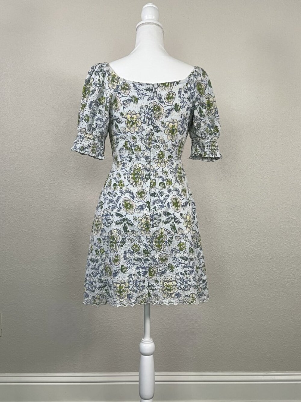 Avec Les Filles Baby Blue Floral Eyelet Lace Puff Sleeve Mini Peasant Dress XS - Picture 3 of 9
